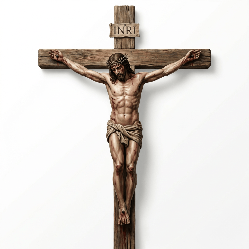 Wooden cross with vertical and horizontal beams on white background